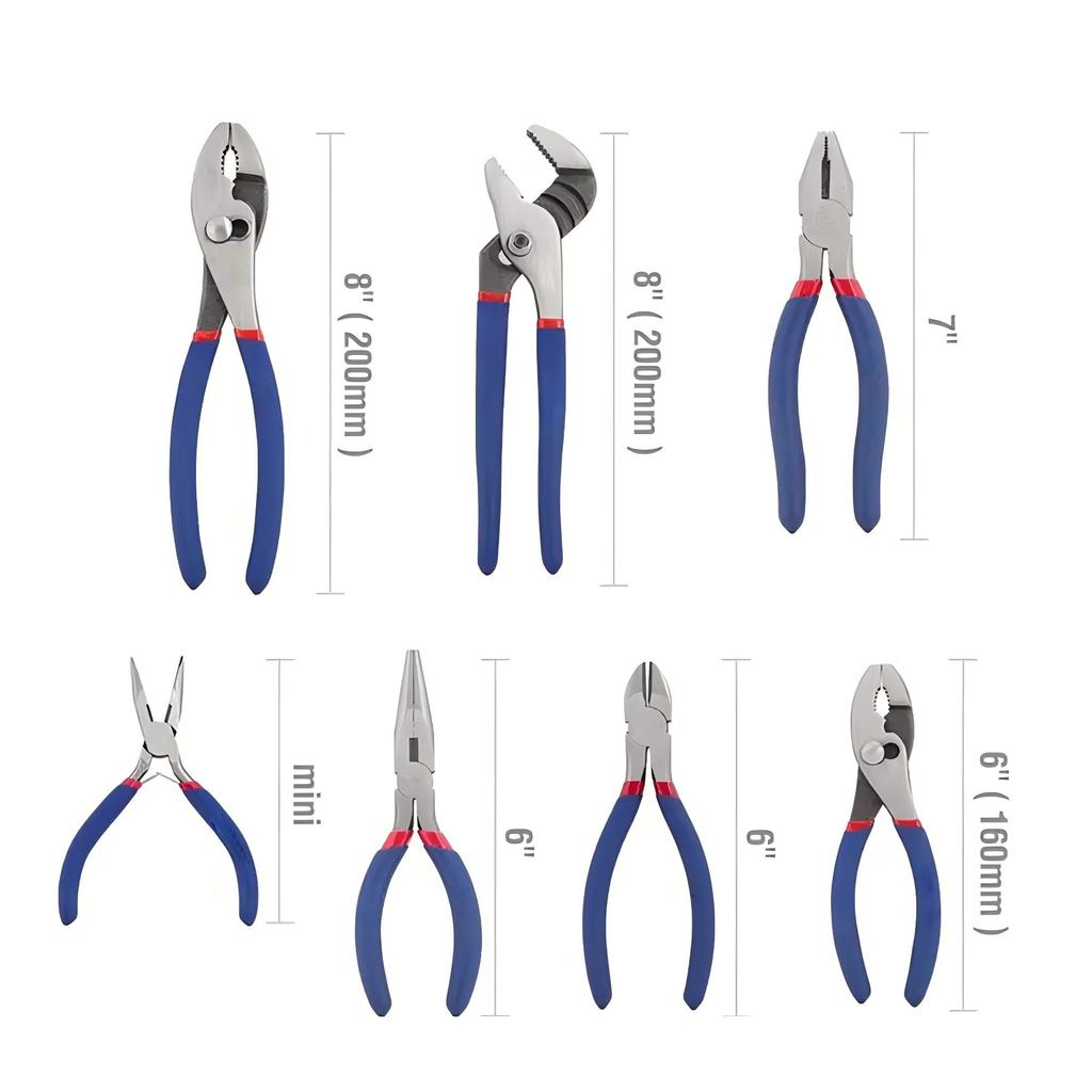 7-Piece Multi-Functional Hand Pliers Set - Slip Joint, Long Nose, Angled Groove & Mini Long Nose Pliers for Versatile Repairs