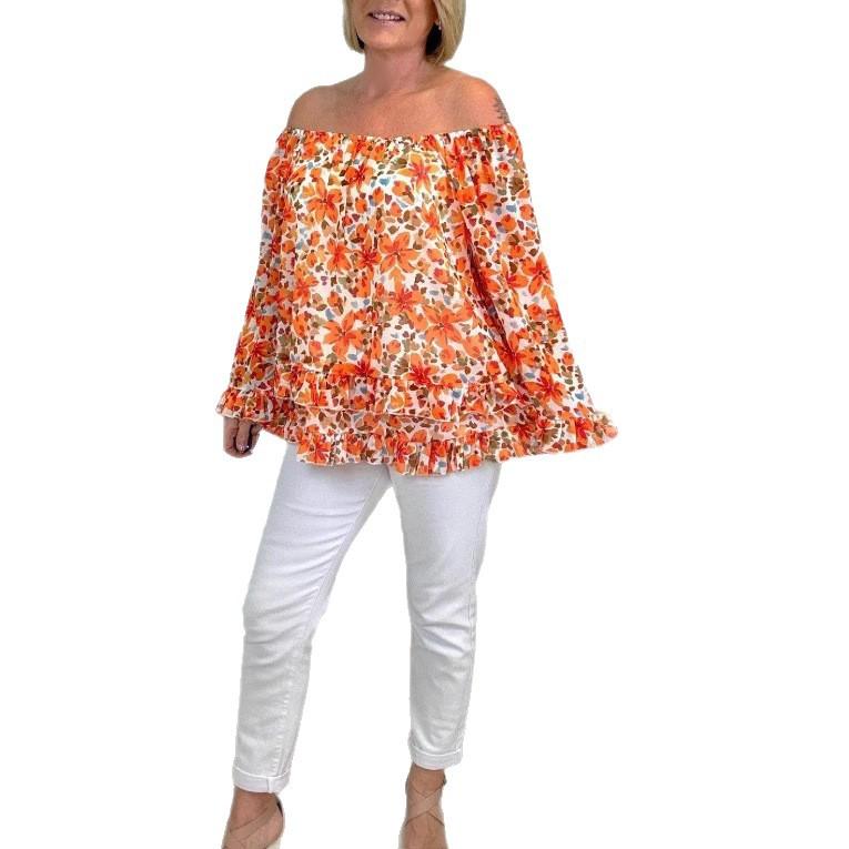 Women Off Shoulder Ruffle Hem Short Top Patterned Blouse S