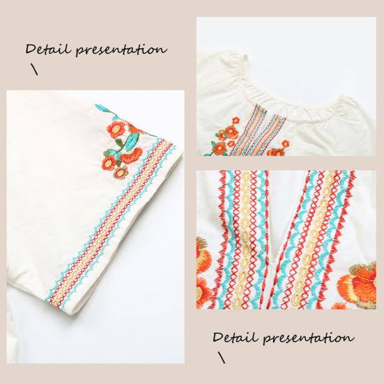 Summer Women Tops V-neck Short Sleeve Casual Shirt Embroidered Flower Pattern Tee Shirt Breathable Loose Fit Tops