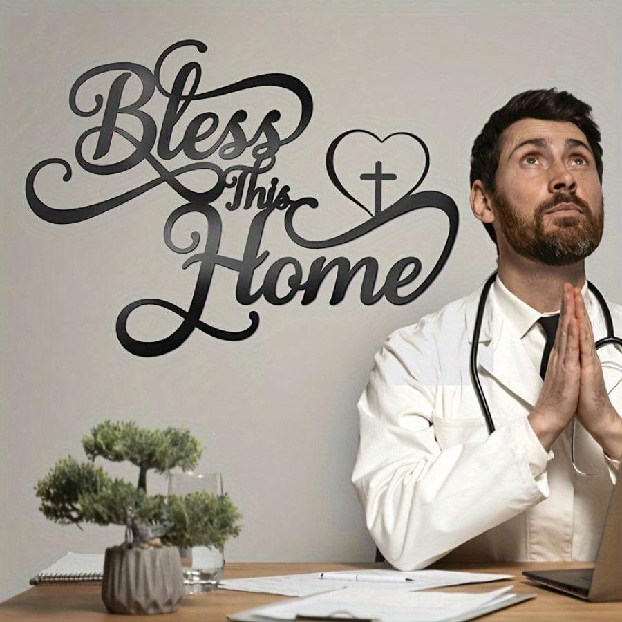 Metal Wall Decor Bless This Home with Heart Cross Accent Living Room Porch Art