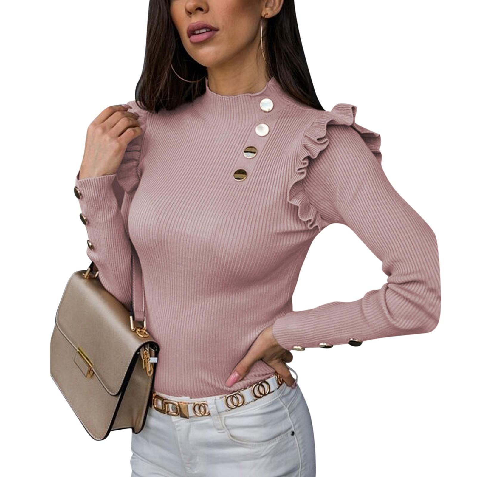 

Женская рубашка с длинными рукавами, тонкая рубашка с рюшами и пуговицами, верхняя блузка XL розовый