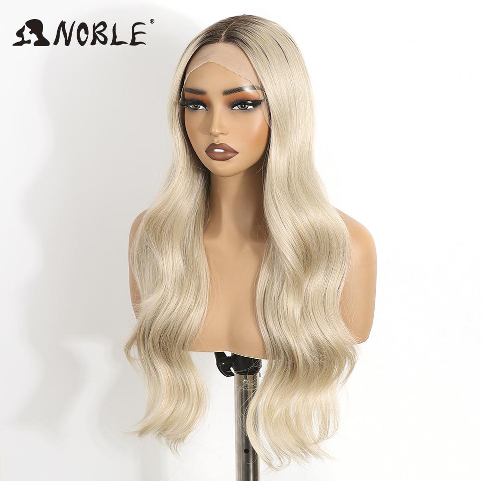 Noble Synthetic Lace Front Wigs For Women 26 Inch Wavy Platinum Blonde Ombre Wig Highlight Lace Front Wig Cosplay Lace Wigs