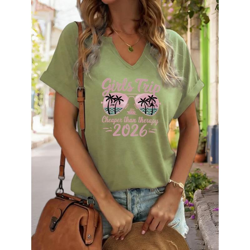Women's V-Neck "Girls Trip 2026" Graphic Tee, Cheaper Than Therapy Print T-Shirt, Casual Loose Short Sleeve Vacation Fashion Top