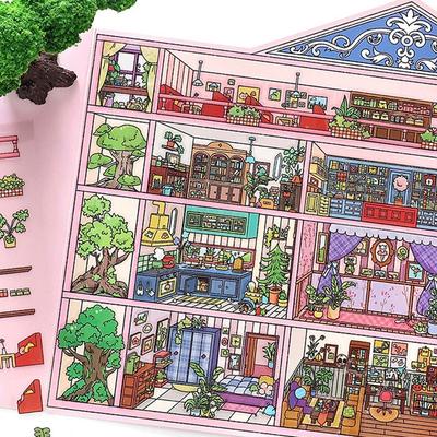 Cute 2.5D Landscape Sticker Cartoon Pattern Apartment Scene Sticker Pink Hotel Multicolor Scenery Sticker Set Journaling