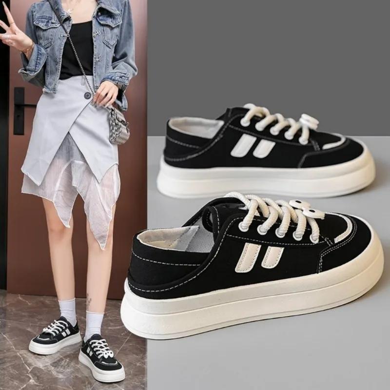 Fashion 2024 New Spring Summer Black Half-drag Canva Shoes Women's Breathable Versatile Hong Kong Style Two-wear Slip-on Heel Shoes