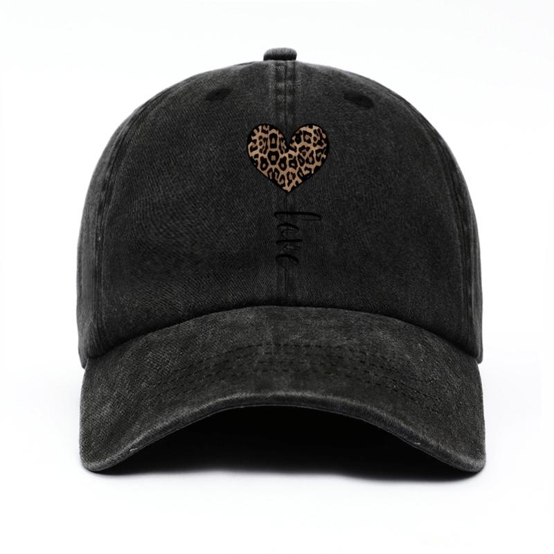 Leopard Heart Love Script Baseball Cap Distressed Sun Protection Casual Adjustable Unisex Outdoor Cap