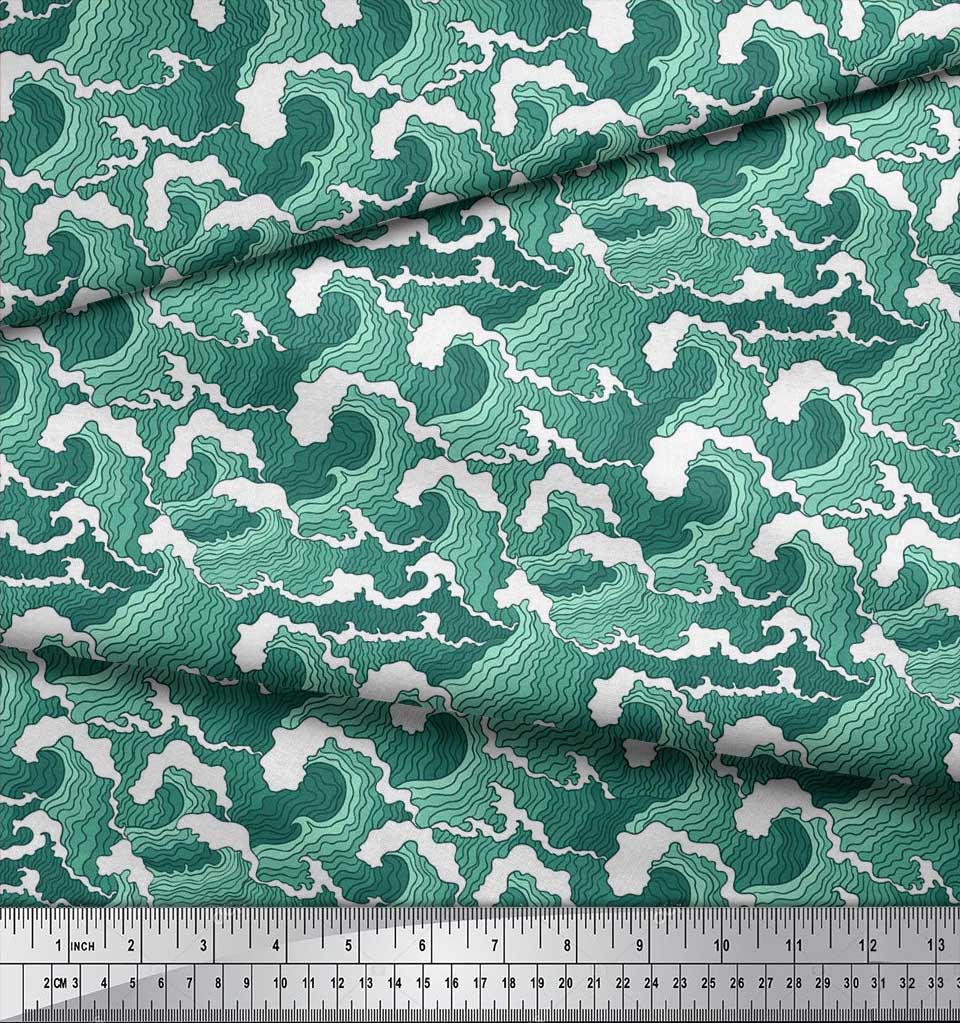 Soimoi Japan Crepe Satin Fabric Waves Shirting Decor Fabric Printed Metre 42 Inch
