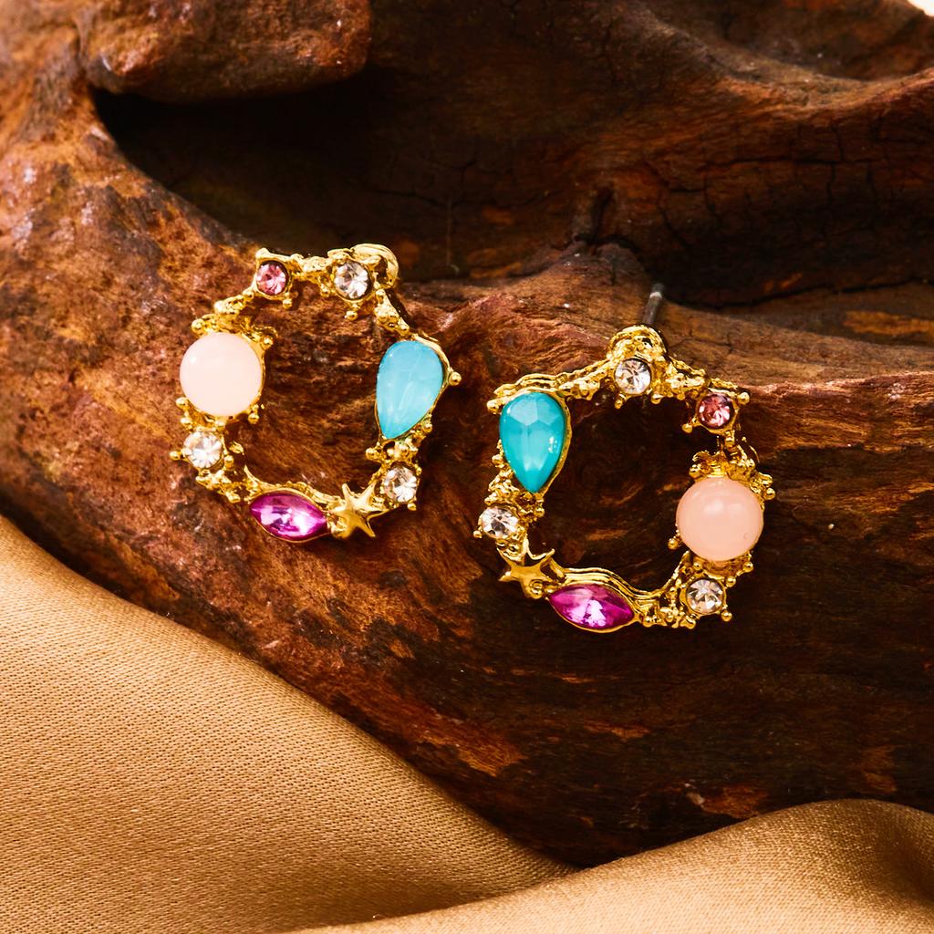 Korean Sweet Colorful Rhinestone Wreath Stud Earrings for Women Flower Crystal Round Earring Party Birthday Jewelry Brincos Gift