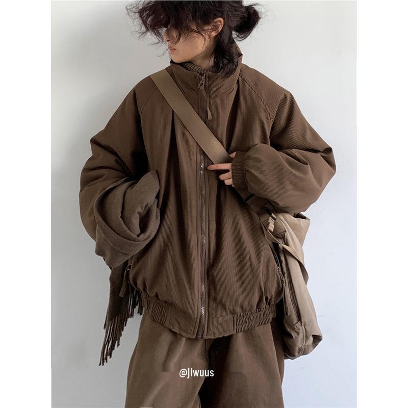 Unisex Retro Japanese Maillard Coffee Stripe Cotton Padded Winter Jacket