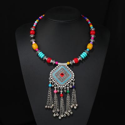Retro Ethnic Tibetan Style Necklace, Bell, Tassel, Colorful Beaded Collar, Travel Sweater Chain Accessories