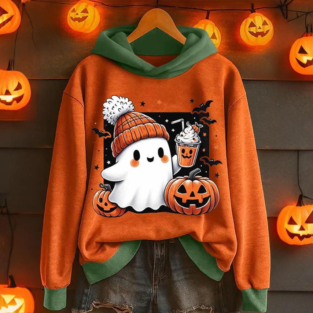 Ladies' Casual And Fashionable Halloween Printed Long Sleeved Hooded Warm Shirt Loose And Comfortable Hoodie