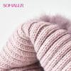 SOMALER Winter Real Mink Fur Knit Hats for Women Knitted Warm Fur Hats Girls Skull Beanie with Three Tails Cold-proof Cap