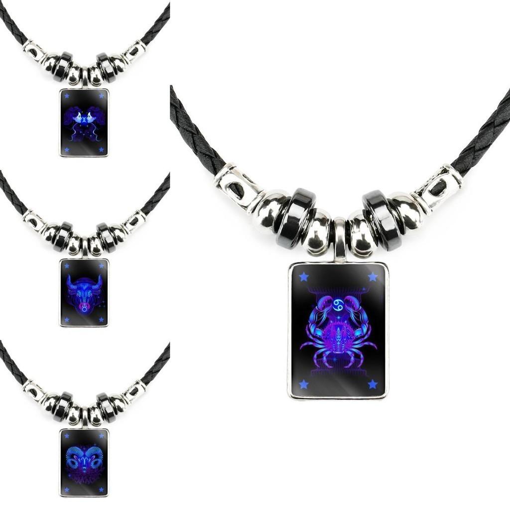 Unique Geometric Shape Zodiac Sign Pendant On Black Leather Rope Necklace