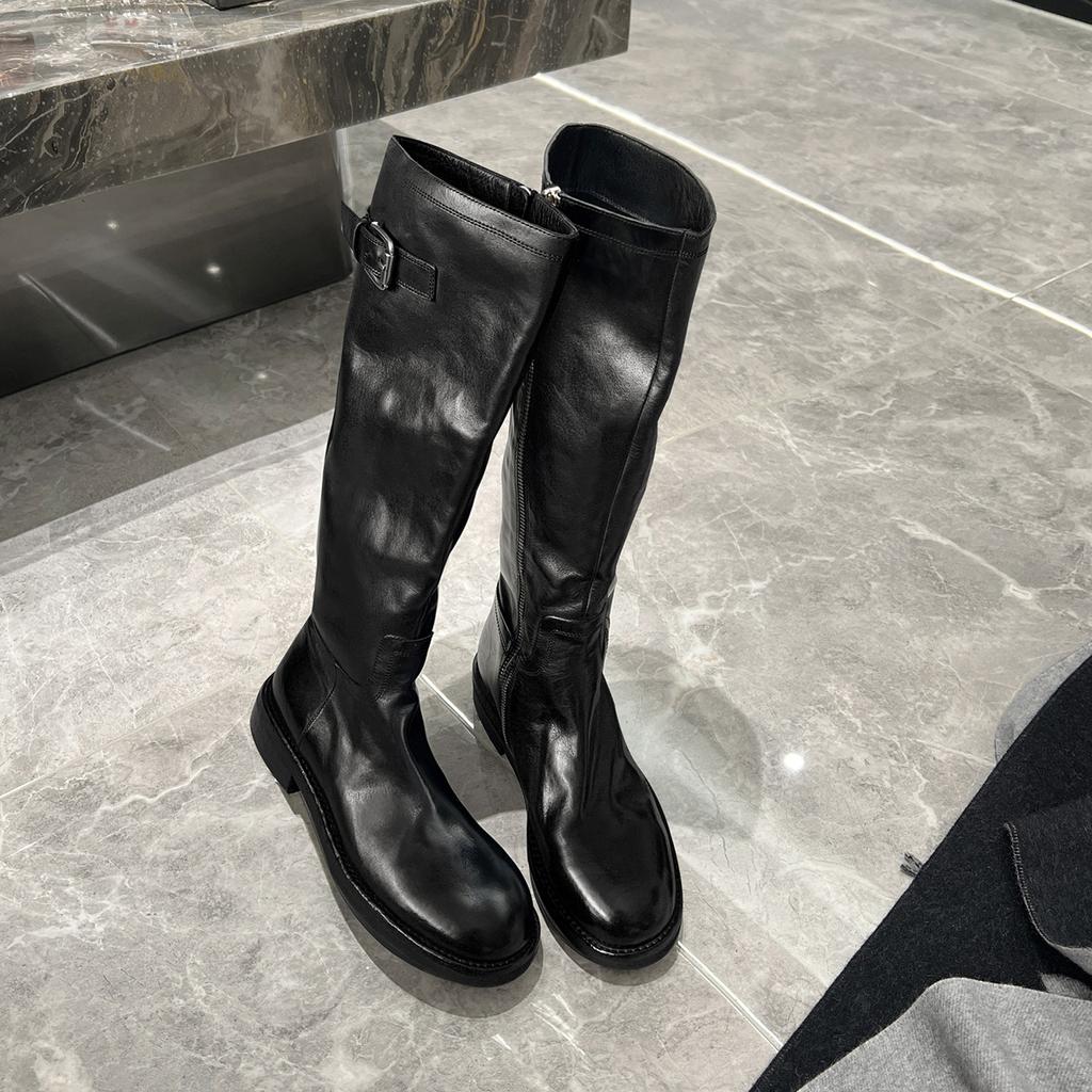Vasket Kuskinn~ Ekte Skinn Svarte Retro Støvler Allsidige Grov Hæl Ridestøvler Dame Støvler Høye Støvler