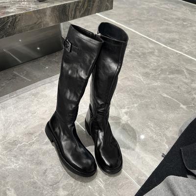 Piele de vacă spălată~ Piele naturală Cizme retro negre versatile cu toc gros Cizme de cavaler Cizme pentru femei Cizme înalte