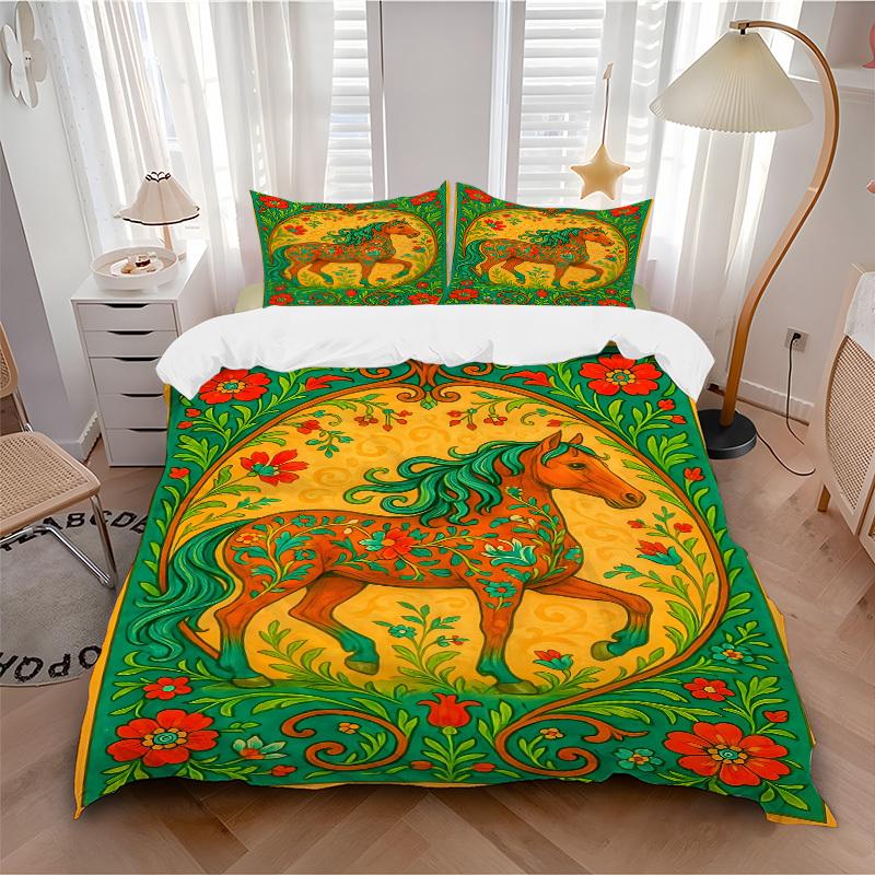 3PCs Horse Artwork Design Cover Set, Breathable Fabric, Machine Washable (1 Duvet Cover + 2 Pillowcases) (Without Quilt) yy250911121