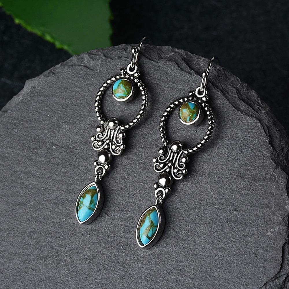 Vintage Silver Earrings with Turquoise Inlay Bohemian Style Jewelry for Women