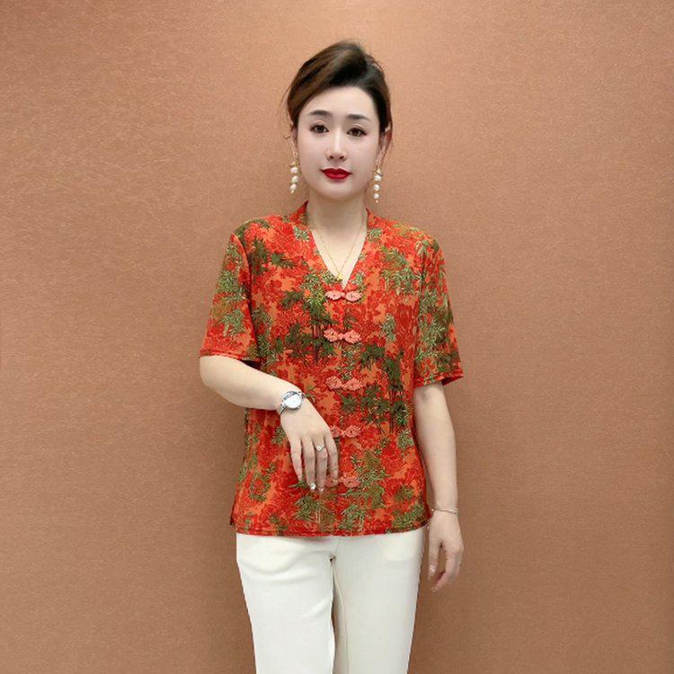 

Women s Casual Chinese Style Printed V-Neck Short-Sleeve Loose Plus Size Top 6XL