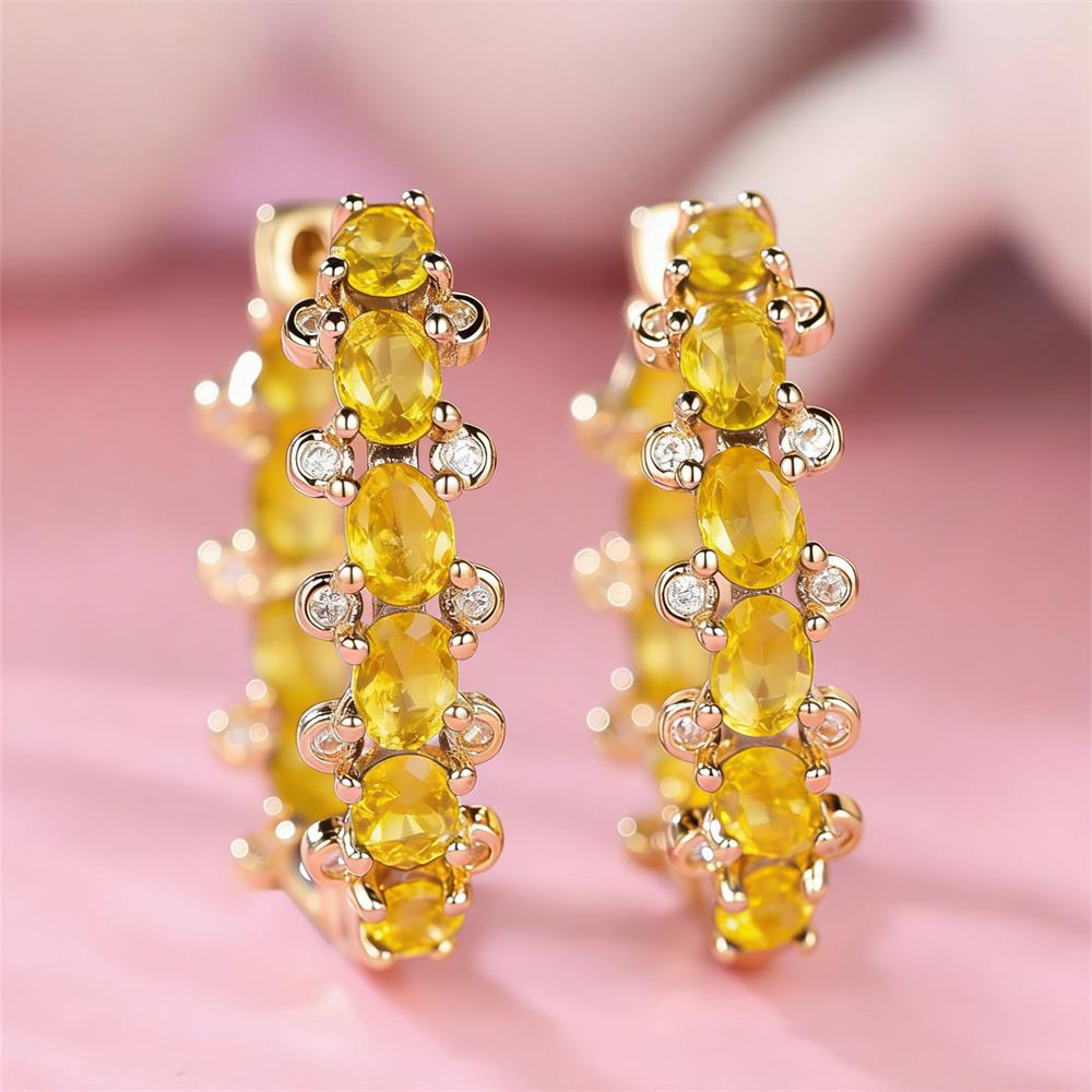 Yellow Crystal Single Row Oval Stone Hoop Earrings For Women Vintage Gold Color Ear Buckle Wedding Jewelry Valentine's Day Gifts