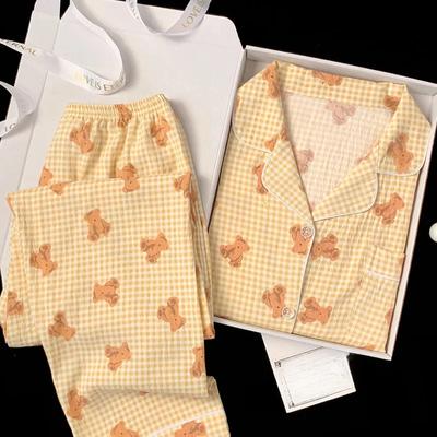 Spring and Autumn New Women's Pajamas Homewear Suit Plaid Bear Clouds Cotton Pajamas Women Simple Long-Sleeved Suit Homewear