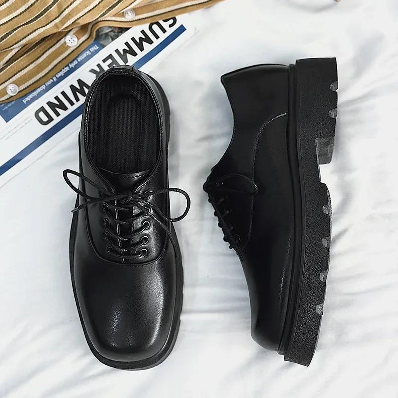 Módní pánské kožené boty s hranatou špičkou, lakované kožené ležérní boty pro muže, silná podrážka, derby boty v korejském stylu, formální pánské společenské boty