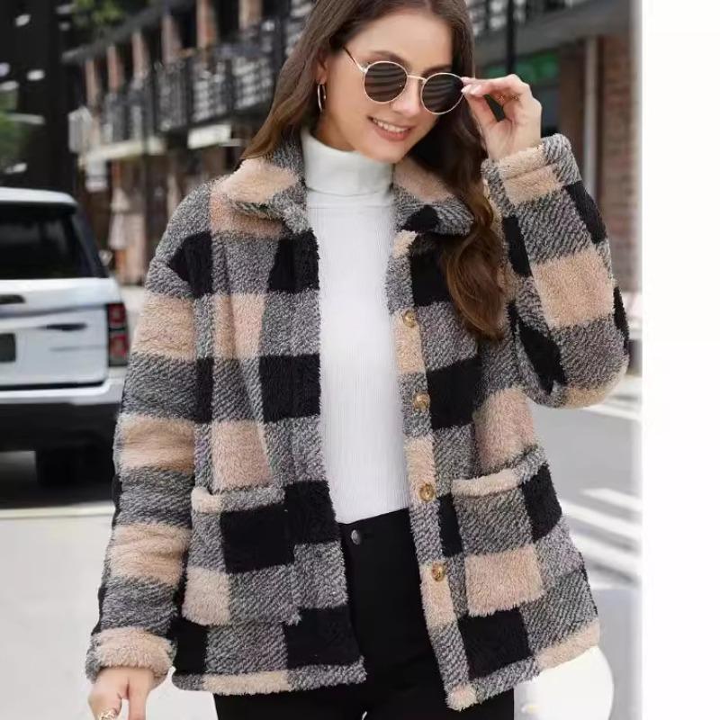 European American Women Checked Plush Coat Patch Pocket Versatile Long Sleeve Winter Fashion Casual Jacket