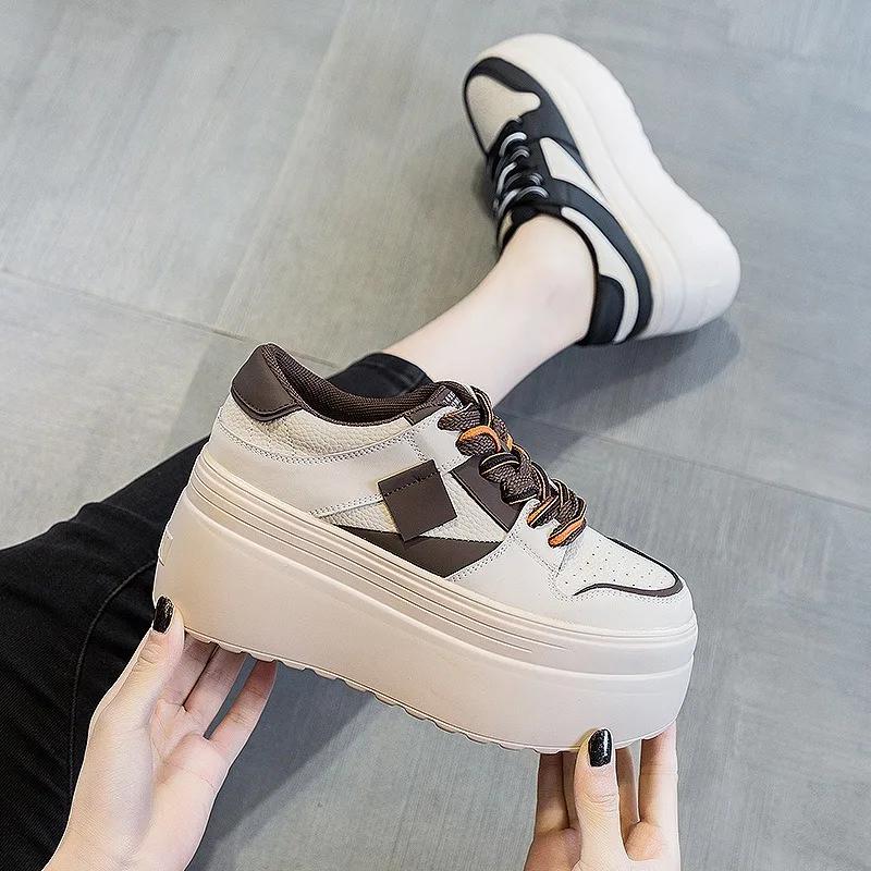 Fashion 8cm Casual Platform Wedge Hiden Heel Genuine Leather Shoes Chunky Sneakers Vulcanized Women Spring Autumn Loafers Mixed Color