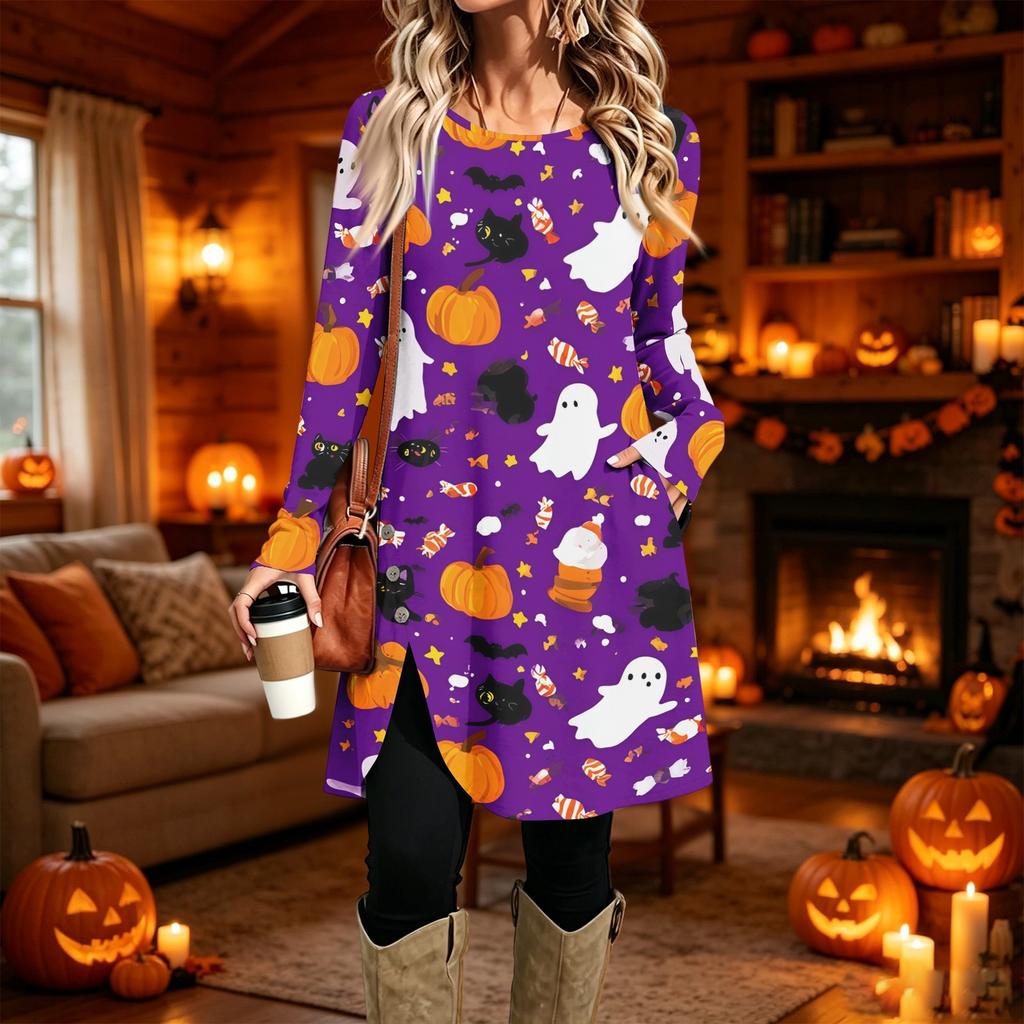 Women's Casual Printed Long Sleeve Neck Dress for Daily Wear