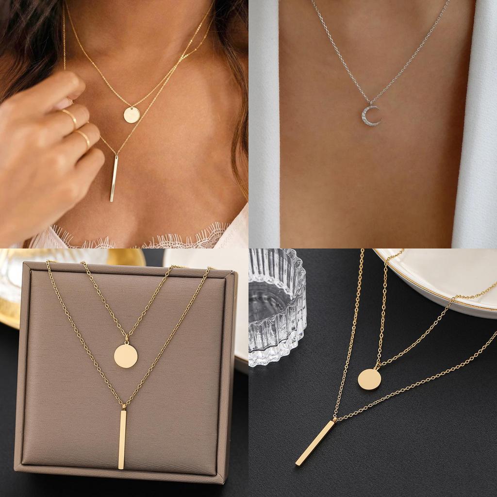 Geometric Double Layer Pendant Necklace For Women With Silver Plated Zinc Alloy Chain