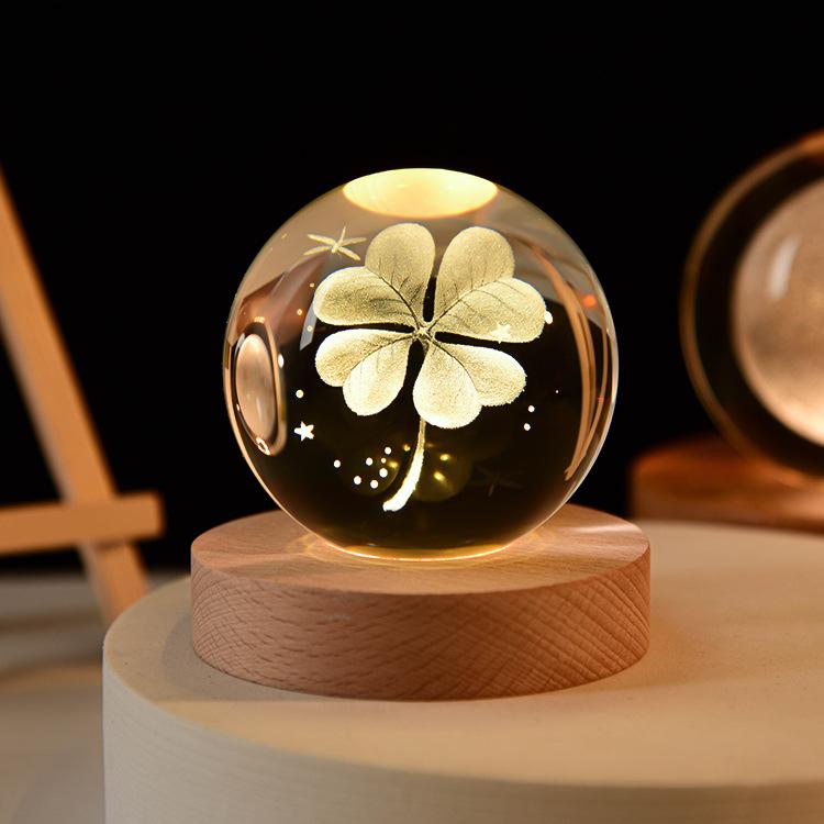 3D Art Nebula Laser Carving Solar System Moon Planet Nights Lamp LED Glowing Crystal Glass Globe Ball Wood Base Night Light
