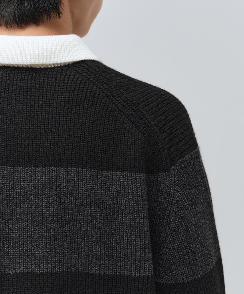 MUSINSA STANDARD Ribbed Stripe Rugby Knit [Black/Melange Grey]