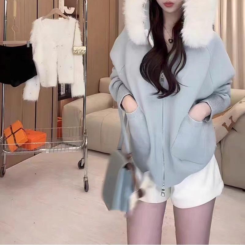 High-end Big Fur Collar Knitted Cardigan Women's Autumn and Winter Lazy Wind Temperament Sweet Sweater Jacket