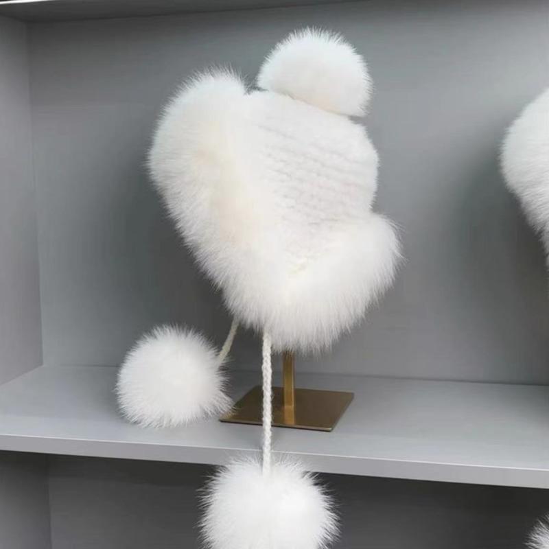 Mink Fur Hat Lei Feng Hat Natural Fur Hat With Fox Fur Ball With Ear Protection Winter Hat For Women Female Warm Knitted Hat