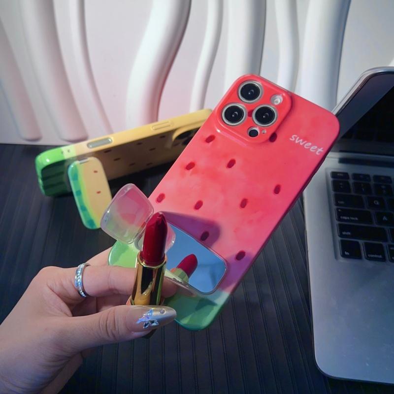 Summer Watercolor Watermelon Phone Case Suitable for iPhone 16 Pro Max 15 14 13 12 Pro 11 XS XR with Makeup Mirror Stand