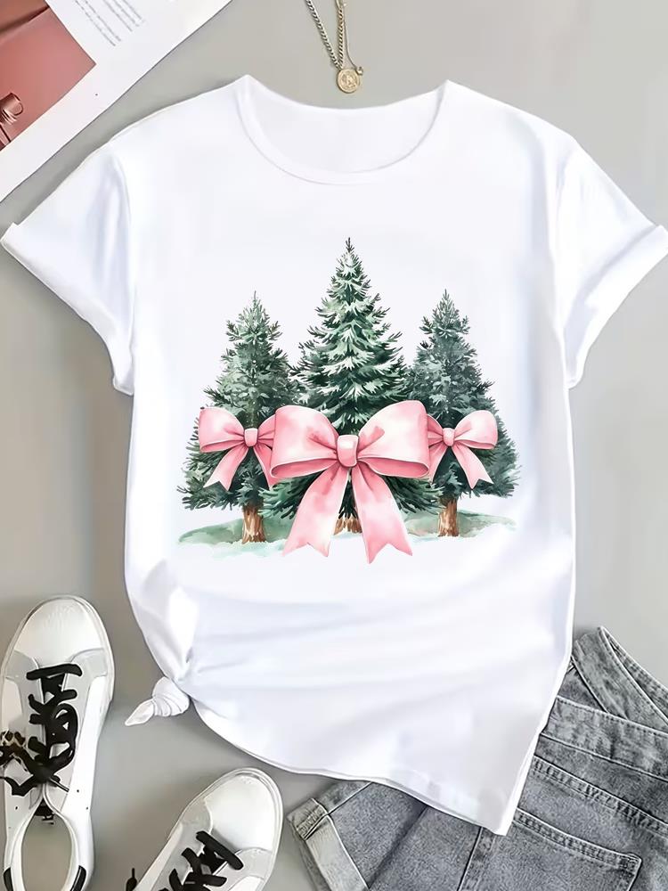 (Asian Size) Style Cute Tee Top Print Christmas New Year Clothing T Shirt Women Fashion Festival Female Woman Short Sleeve Graphic T-shirts