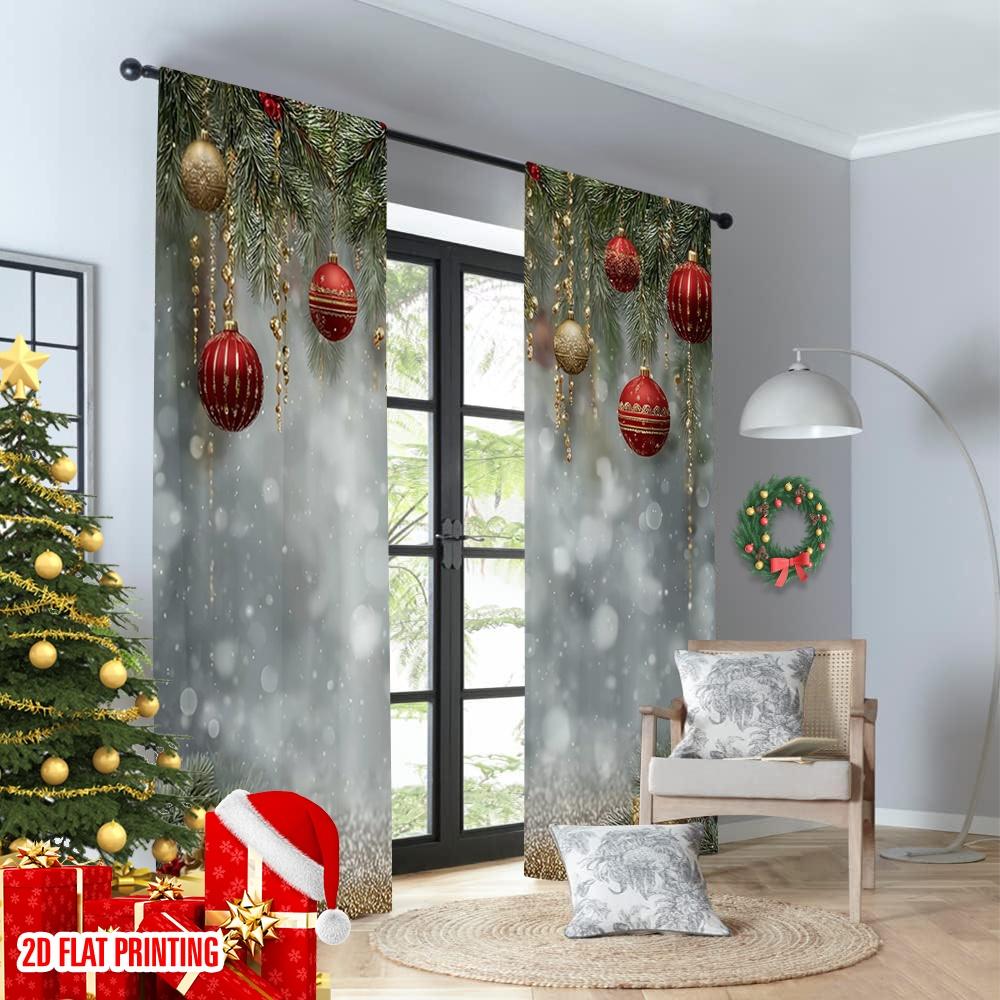 2pcs 2D flat printing Happy Christmas Scene Curtains Christmas Snowflake Light Ball Print Digital Printed Polyester Drapes Party