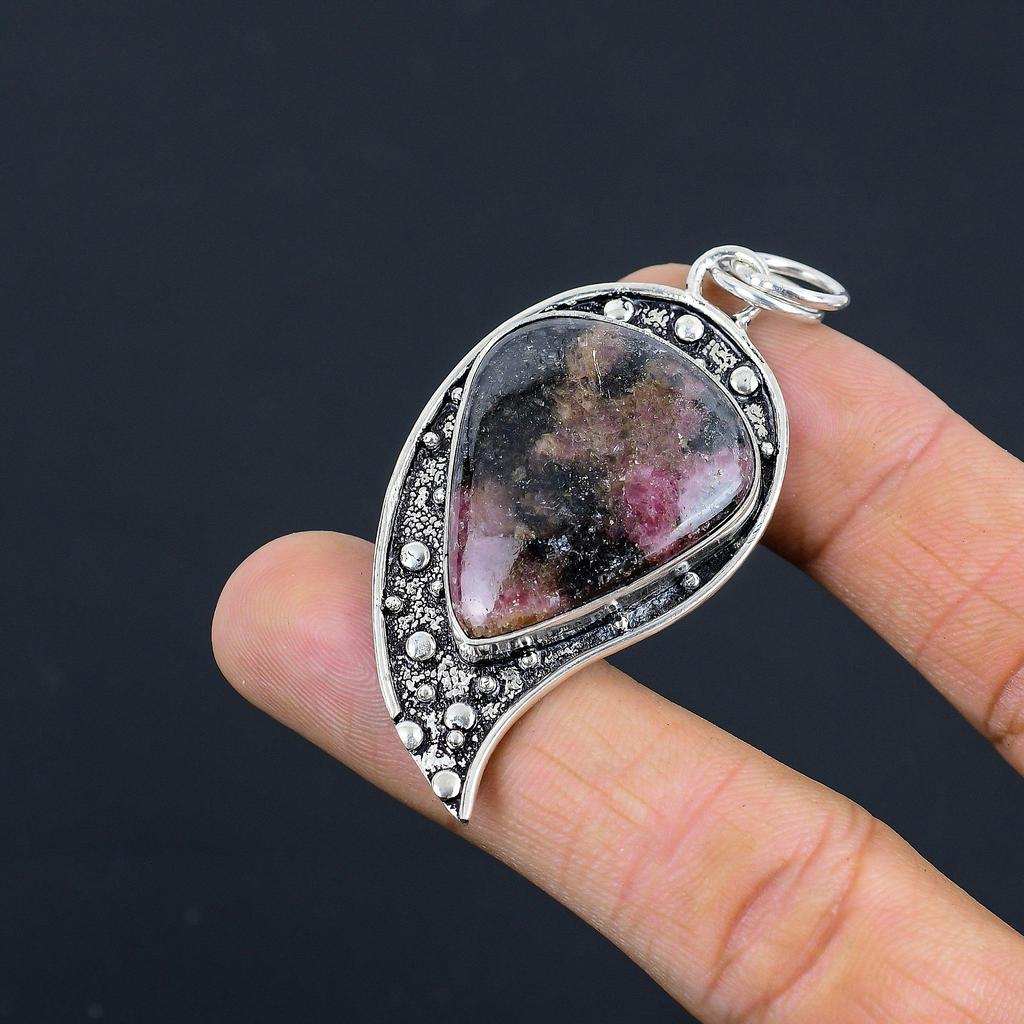 Natural Rhodonite Gemstone Pendant Pink 925 Sterling Silver Indian Jewelry