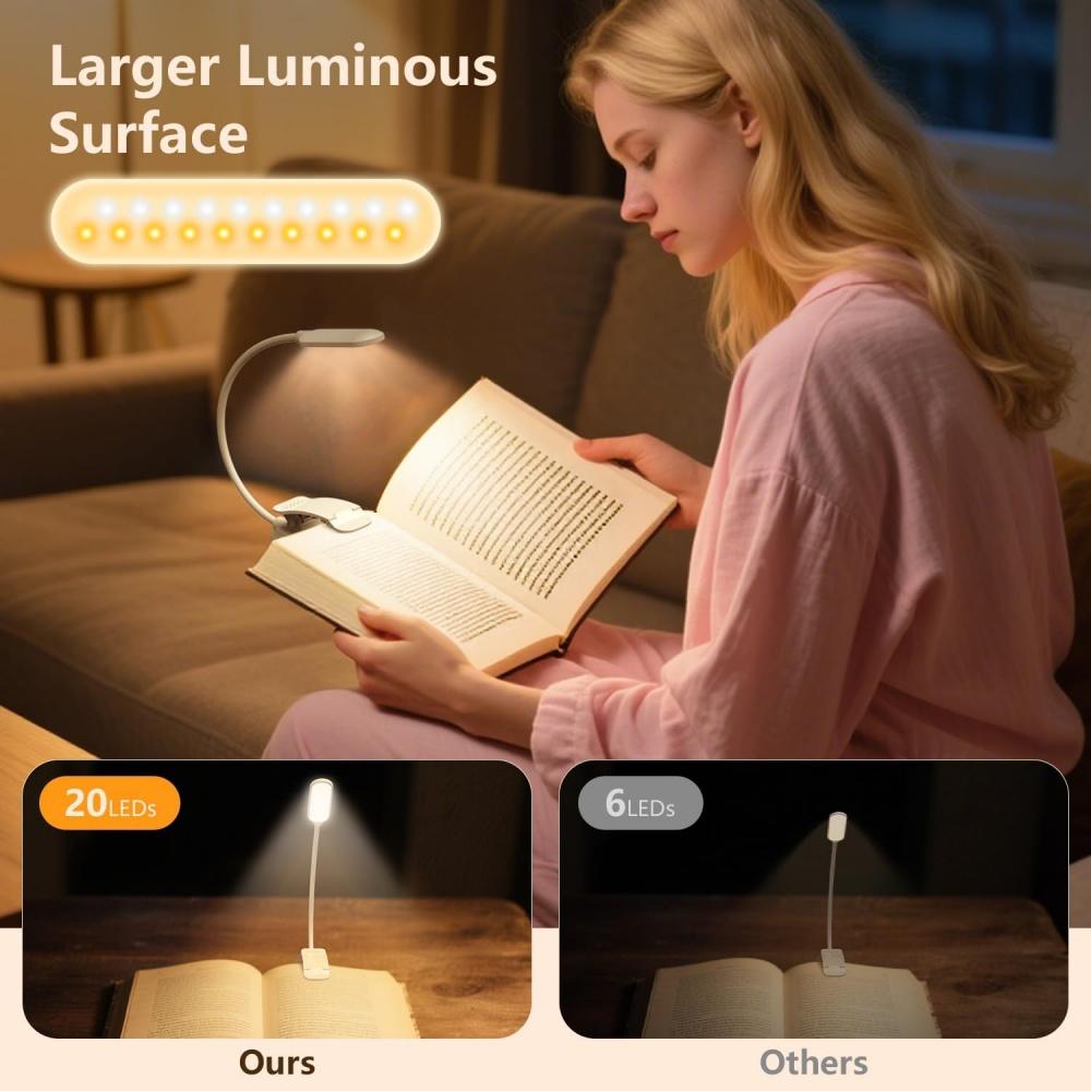 20 Led USB Rechargeable Book Light Portable Mini Reading Light 3 Color Temperature Clip On Light Book Lamp Bedroom Read Light