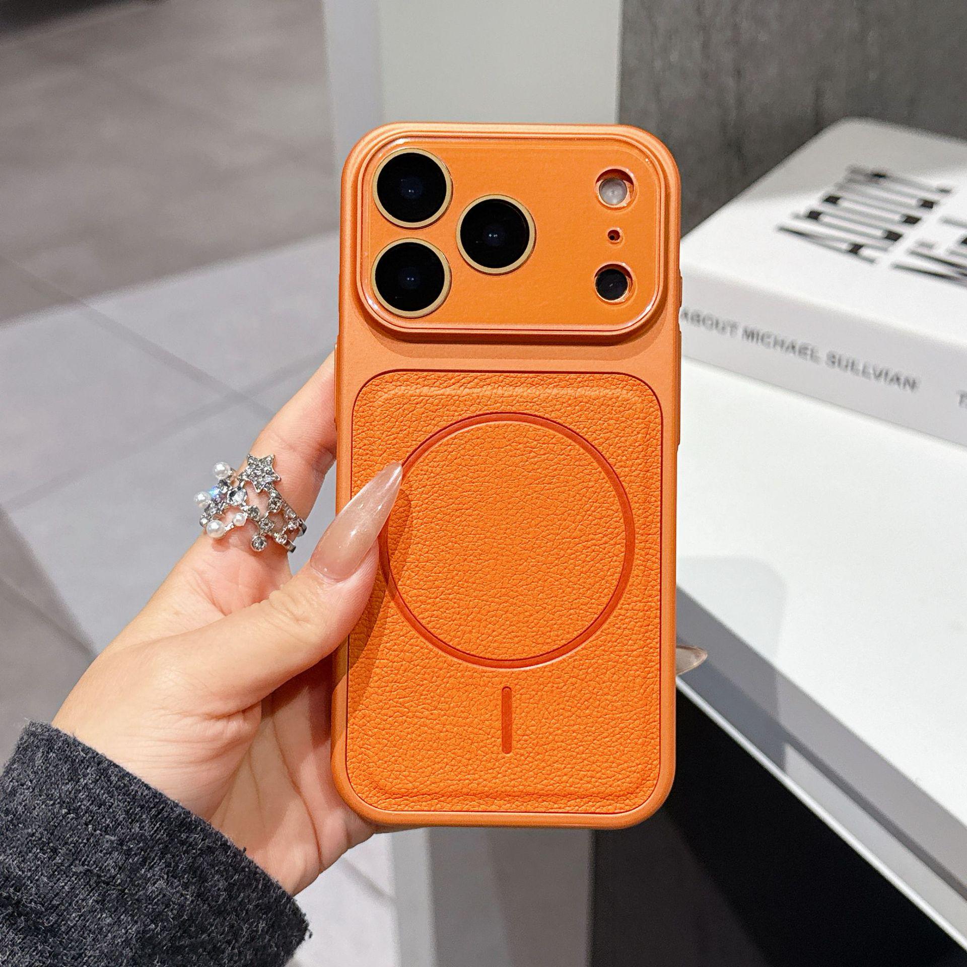 

iPhone 17 Magnetic Case with Lychee Leather Texture and Lens Film for 16 Pro Max 16 Pro помаранчевий