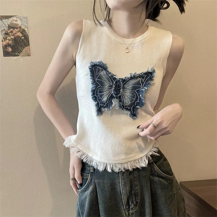 WTEMPO American Retro Butterfly Knitted Vests Women's Spring Summer Tassel Short Slim Fit Large Size Sleevelesss Tops