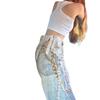 Amerikanische High Street Denim Spitze Alte Gerade Jeans Trendige Damen Vintage Waschung Weitbeinige Jeans, Bedruckte Perlen & Spitze Verzierte Freizeithosen