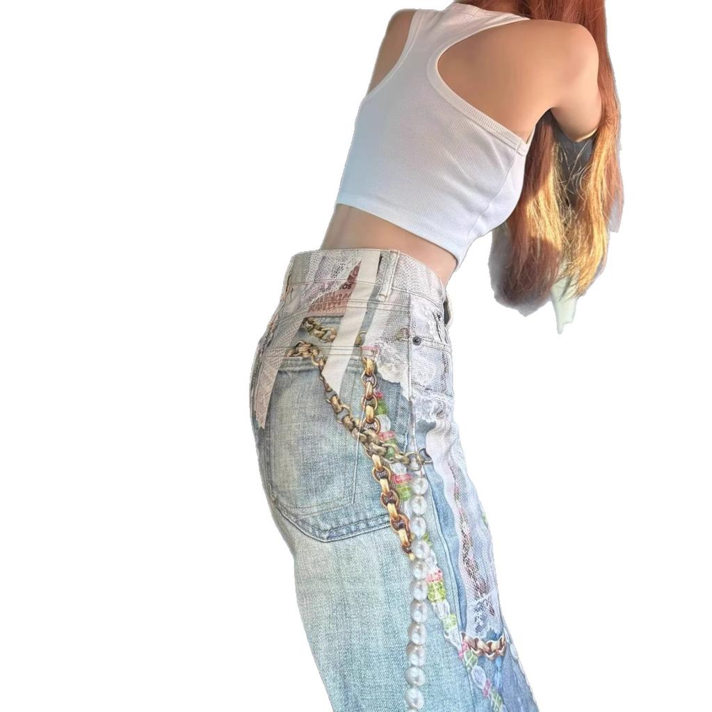 Amerikanische High Street Denim Spitze Alte Gerade Jeans Trendige Damen Vintage Waschung Weitbeinige Jeans, Bedruckte Perlen & Spitze Verzierte Freizeithosen
