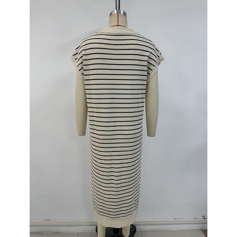 Women's Summer Sexy Knitted Striped V Neck Long Dress
