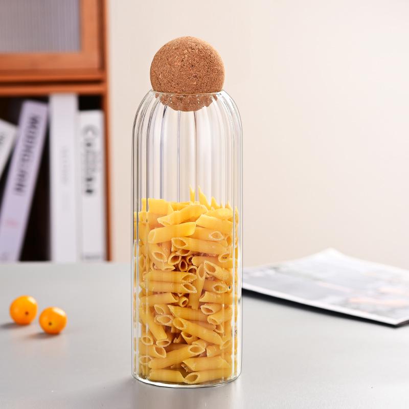 Skladovací sklenice z vysoce borosilikátového skla s korkovým víčkem na kuchyňské obiloviny a čaj, vzduchotěsná a průhledná.