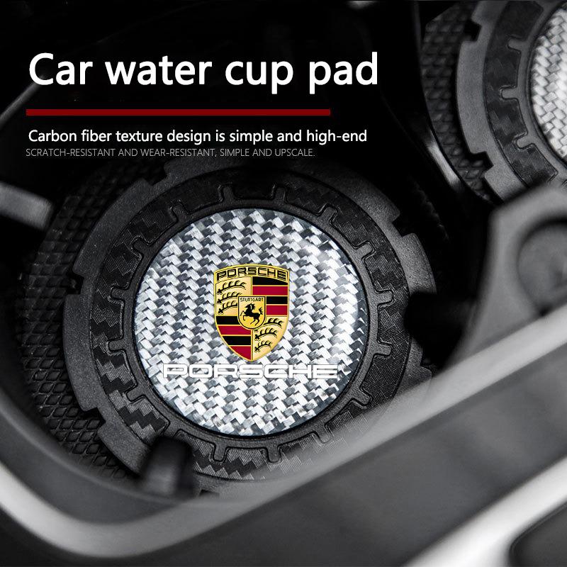 2Pcs Car Carbon fiber Non-slip Water Coaster Leather Interior Pad Holder For Porsche Cayenne Panamera Macan 911 718 Cayman 918YC3