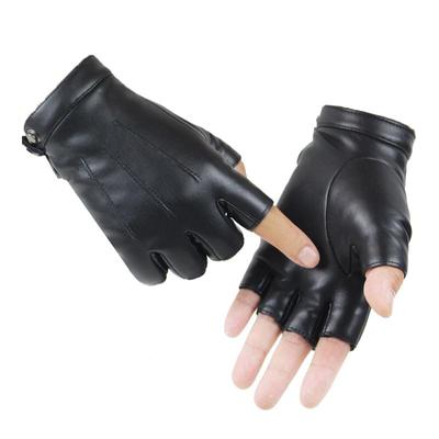 Damen Schwarz PU Leder Fingerlose Handschuhe Einfarbig Damen Knopf Warm Halbfinger Fahrhandschuhe Herren Motor Punk Handschuhe