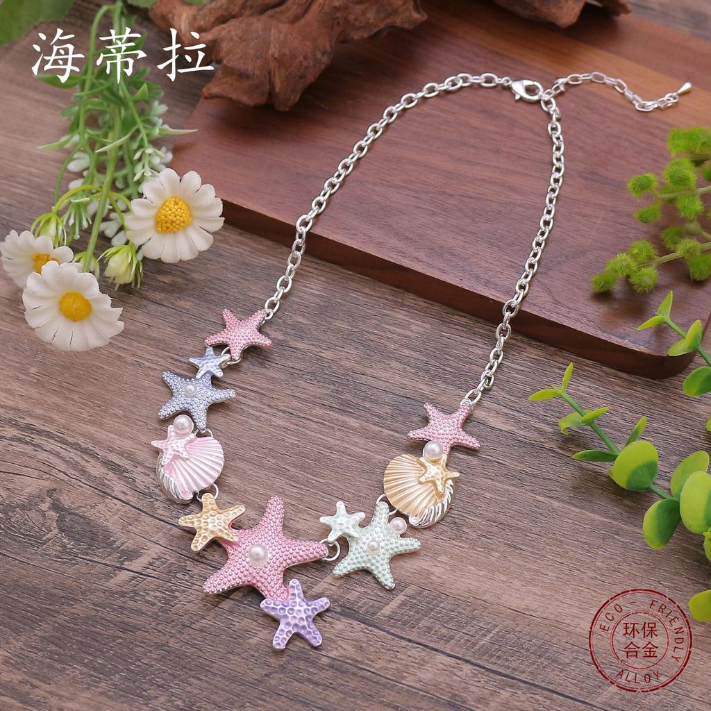 Color Painted Oil Shell Starfish Necklace, Small Fresh and Sweet Cute Lady Versatile Starfish Necklace
