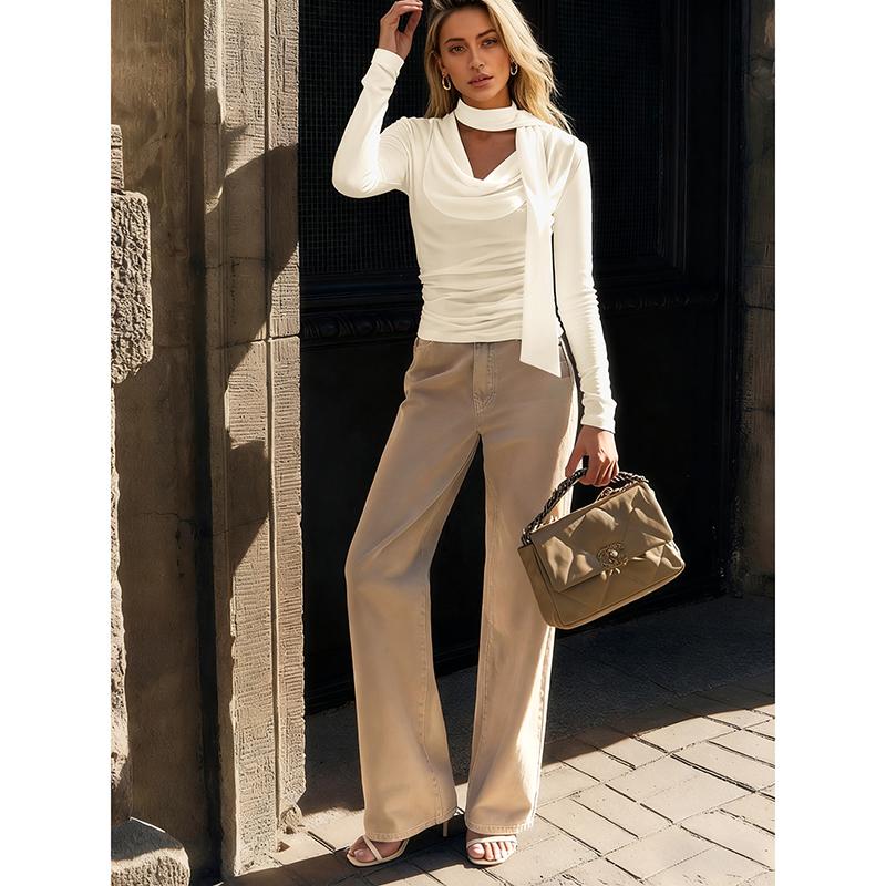 Jarní Nové Dámské Tričko Streetwear Móda Dlouhé Rukávy Bandážový Top Trička Jednobarevné Sexy Dámské Skládaný Univerzální Pletené Trička Oblečení