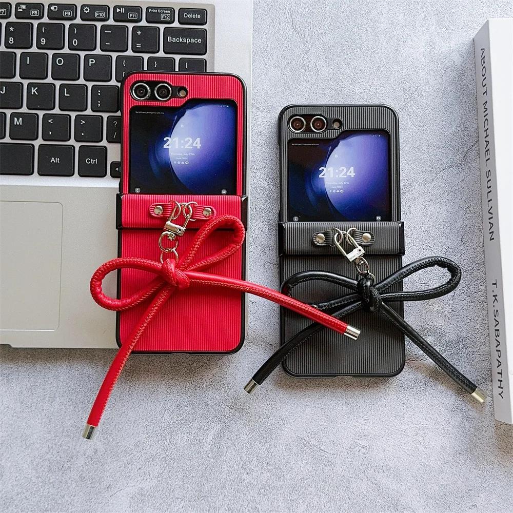 Stripe Texture PU Leather Cover with Bowknot Pendants for Samsung Galaxy Z Flip 6 5 4 3 5G Hard PC Hinge Protective Phone Case
