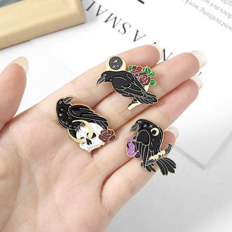 Geometric Black Bird Brooch Elegant Rose Flower Crow Enamel Pin For Fashion Lovers